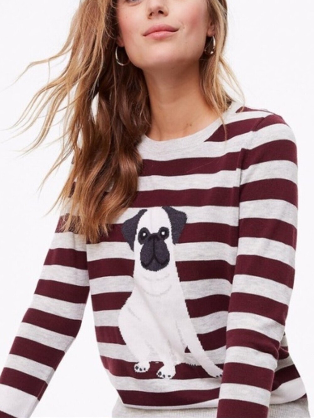 LOFT Maroon and Cream Striped Sweater with Pug Graphic Preppy Womens Lightweight